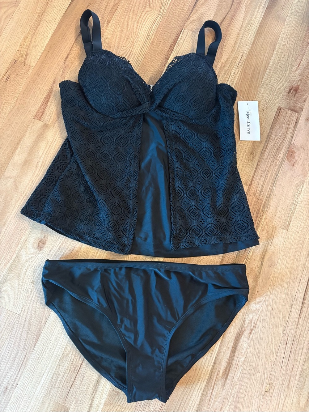 Black Lace-Detail Tankini Top with Classic Bikini Bottoms